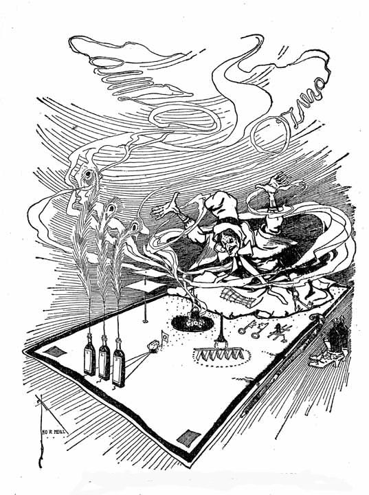  John R. Neill
	illustration for The Marvelous Land of Oz by Frank Baum depicting 
	Mombi scattered a handful of magical powder over the fire, which straightway gave off a rich violet vapor, filling all the tent with its fragrance.