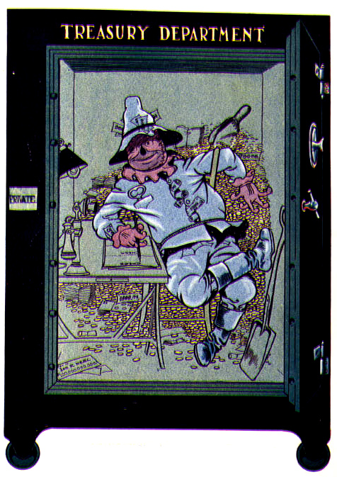  John R. Neill
	illustration for The Marvelous Land of Oz by Frank Baum depicting 
	And I have made the Scarecrow my Royal Treasurer, explained the Tin Woodman. For it has occurred to me that it is a good thing to have a Royal Treasurer who is made of money. What do you think?