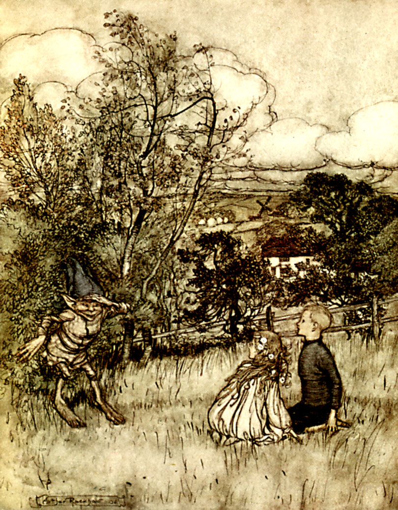 Arthur Rackham illustration for Rudyard Kipling story Puck of Pook's Hill depicting In the very spot where Dan had stood as Puck they saw a small, brown, broad-shouldered, pointy-eared person with a snub nose, slanting blue eyes, and a grin that ran right across his freckled face. 
